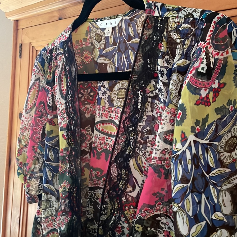 CAbi “Beaches of San Tropez” sheer kimono wrap top/cover-up, size Large
